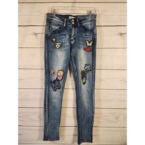 Indigo Rein Womens Skinny Ankle‎ Jeans Patches Mid Rise Whiskering Medium Wash 9